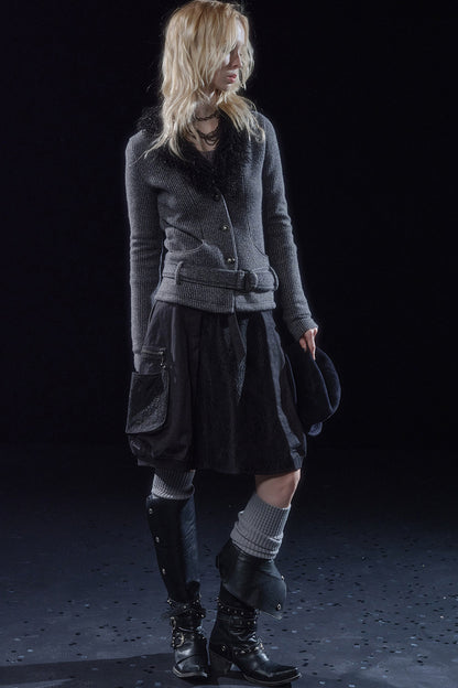 Fur Collar V-Neck Textured Knit Cardigan