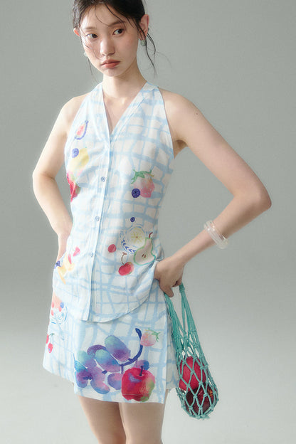 Fruit Print Halter Top and Skirt Set-Up