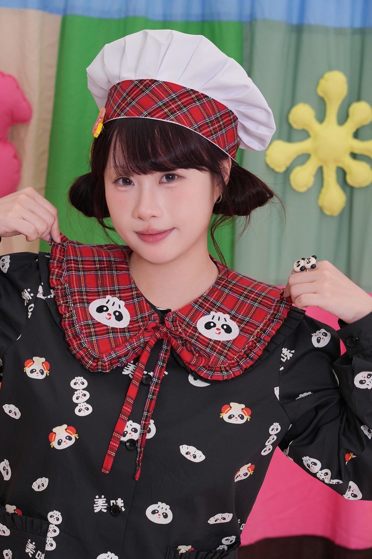 Panda Print Plaid Collar