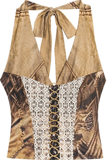 Wasteland Patchwork Lace Halter Top and Skirt Set-Up
