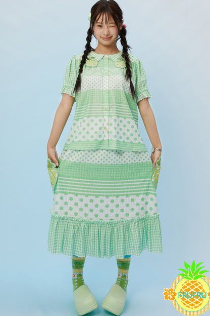 Plaid Polka Dot Collar Shirt and Skirt Set-Up