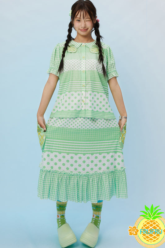 Plaid Polka Dot Collar Shirt and Skirt Set-Up