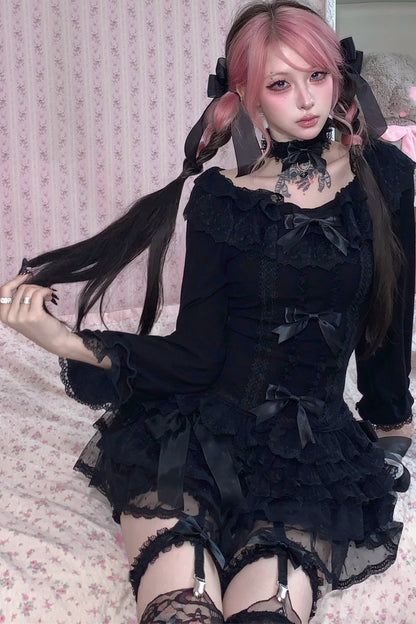 Multi-Layered Lace Bow Long Sleeve T-Shirt