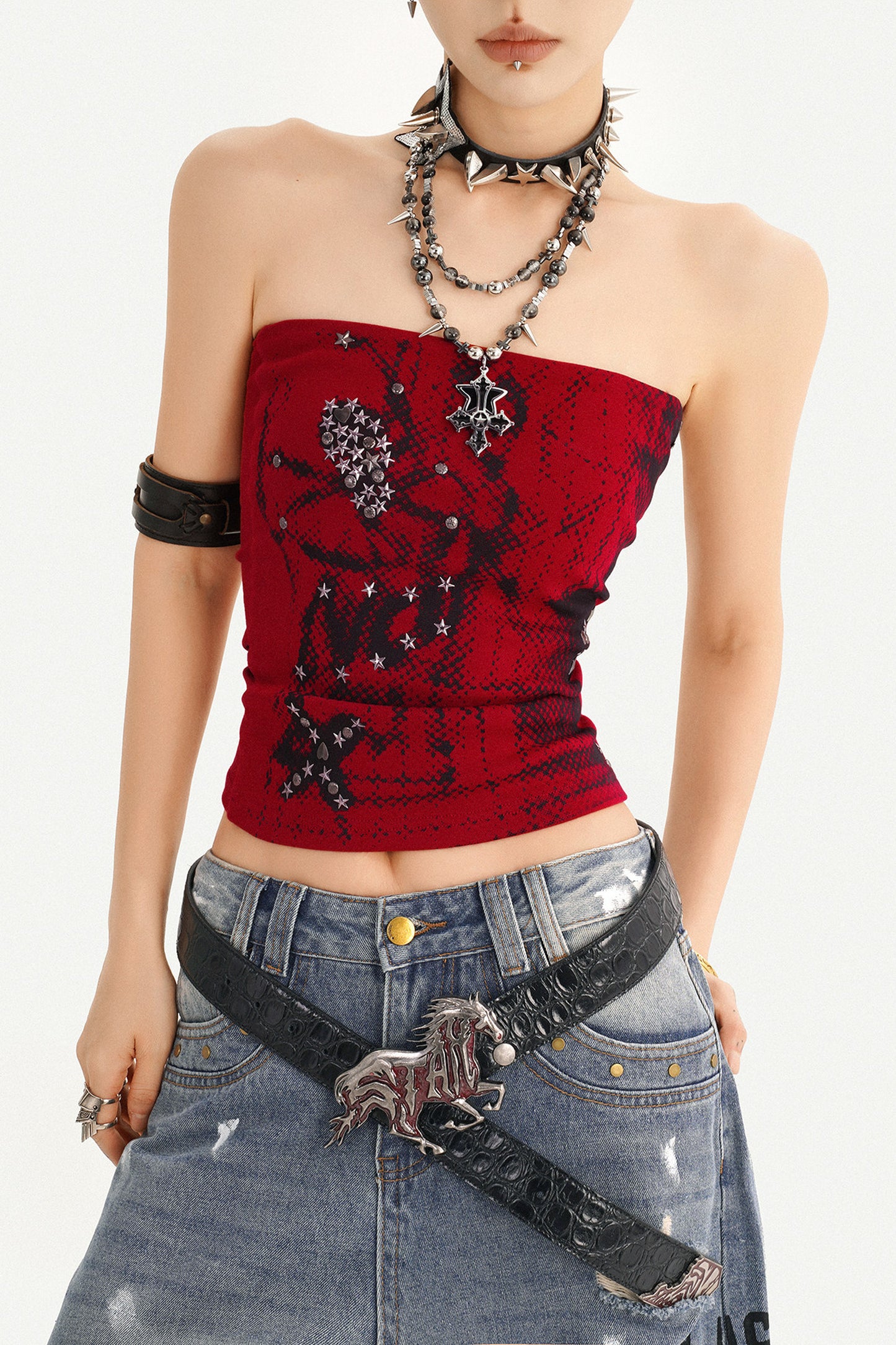 Red Gothic Studded Tube Top