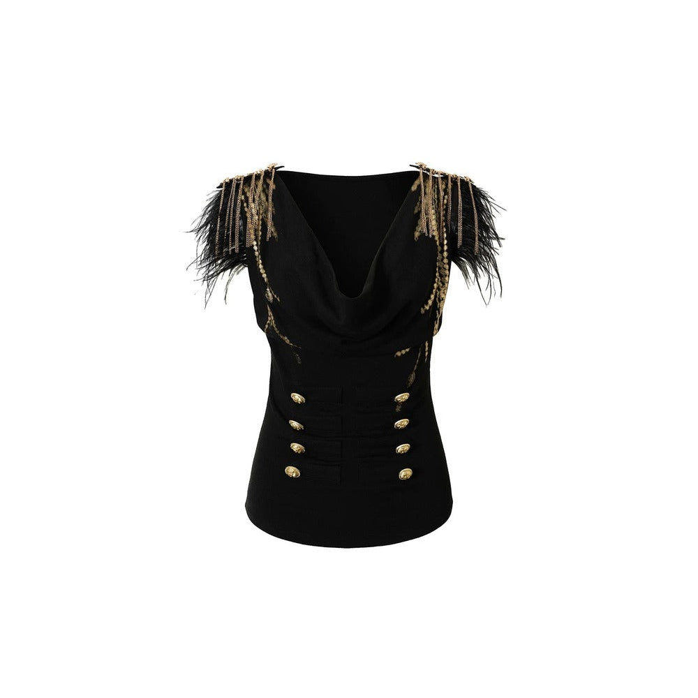 Gold Foil Feather Fringe Vest