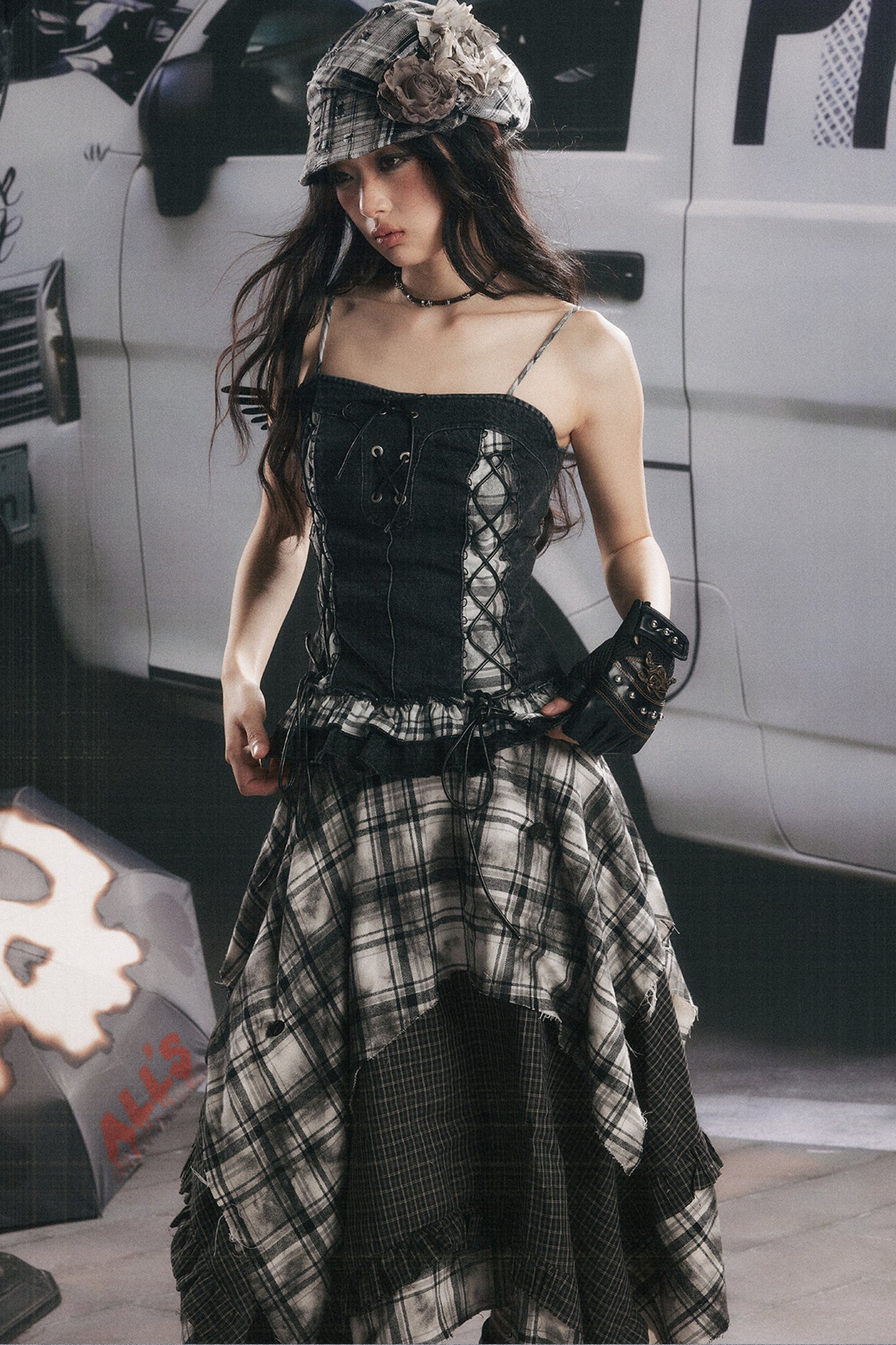 Plaid Splicing Ruffled Denim Camisole Top