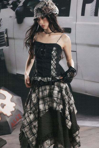 Plaid Splicing Ruffled Denim Camisole Top