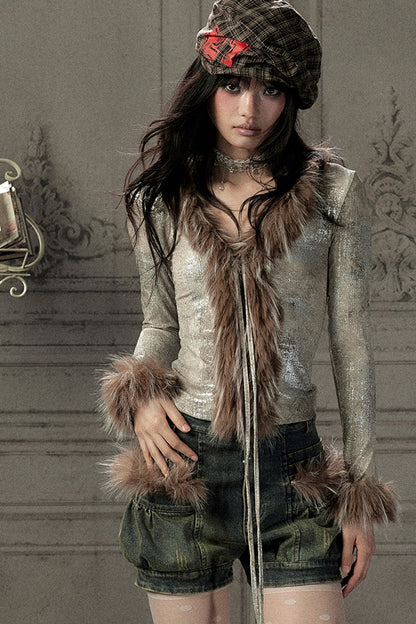 Fur Collar V-Neck Long-Sleeve T-Shirt