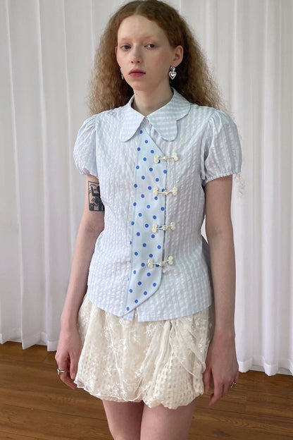 Blue Plaid Polka Dot Puff Sleeve Blouse