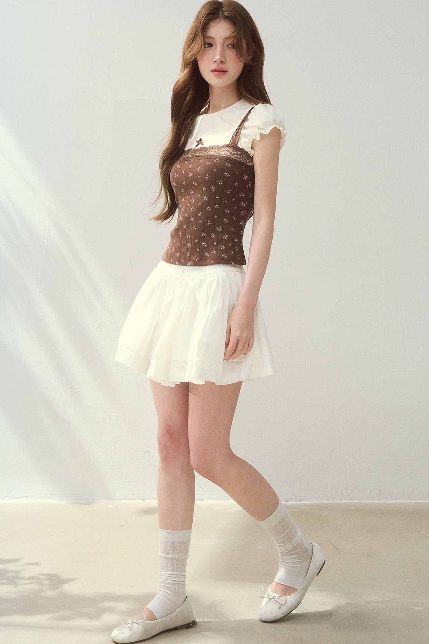 Floral Patchwork Lace Strap Puff Sleeve Top