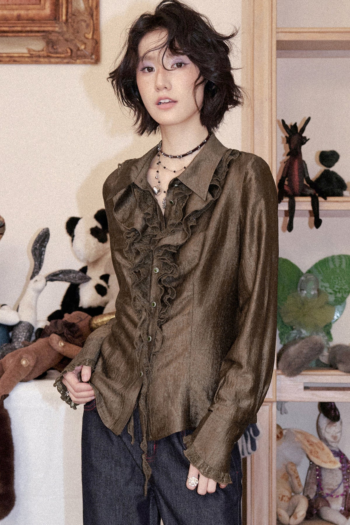 Ruffled Acetate Chiffon Shirt and Skirt Set-Up
