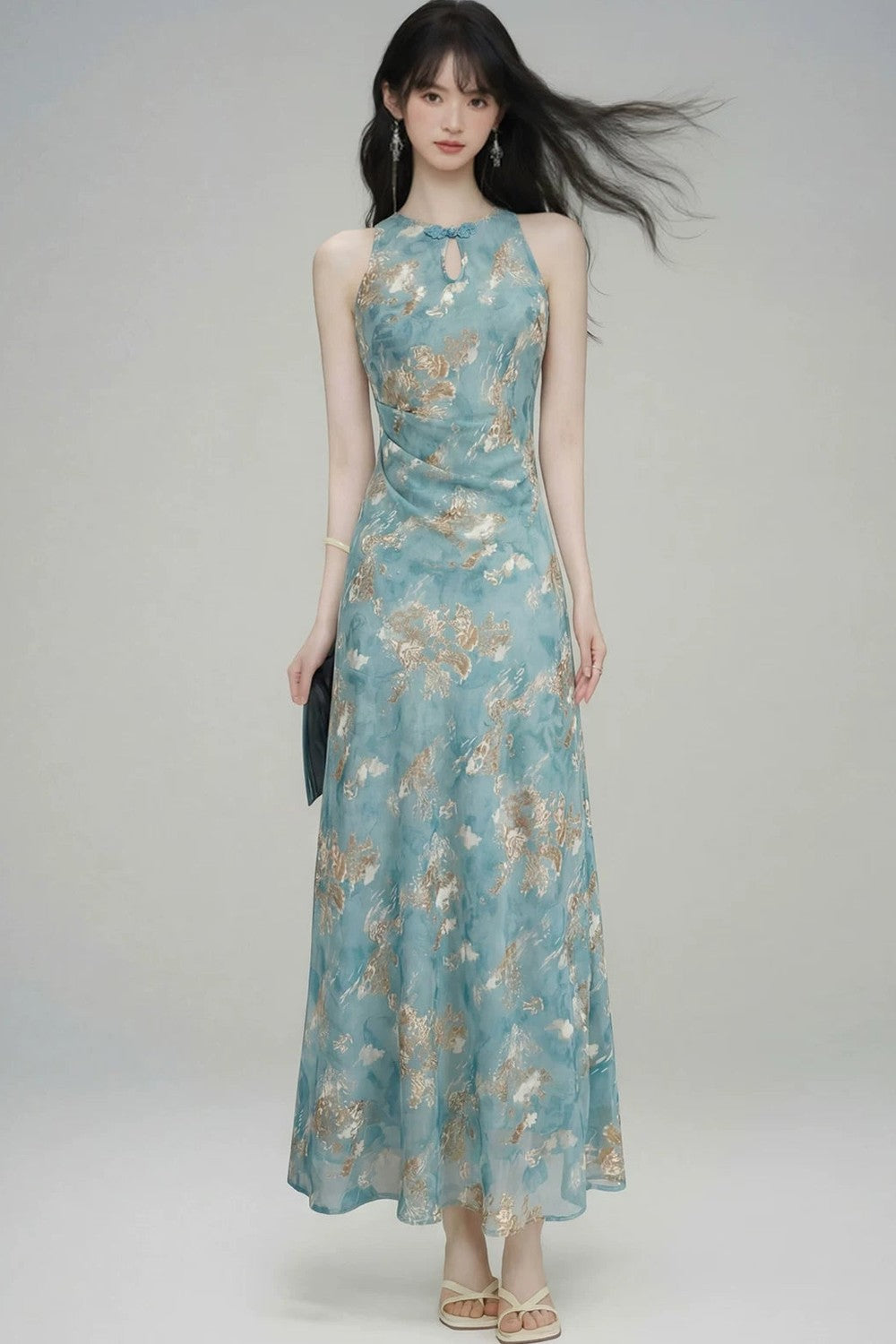 New Chinese Gold Jacquard Dress