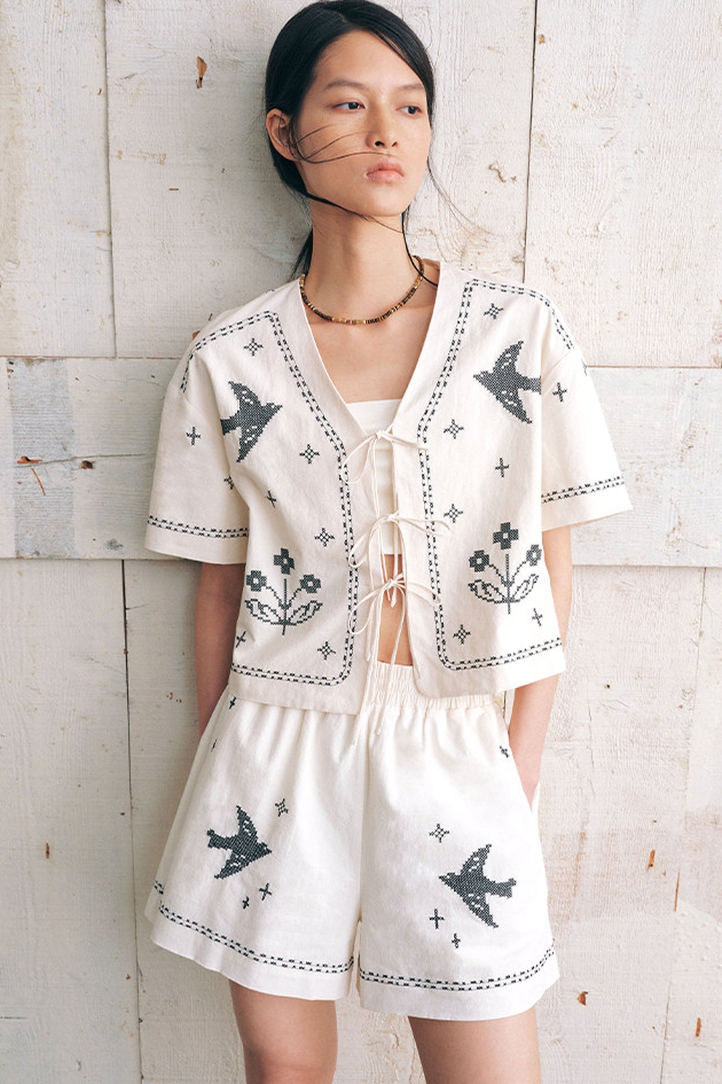 Bird Embroidered Cotton Linen Cardigan And Shorts Set-Up
