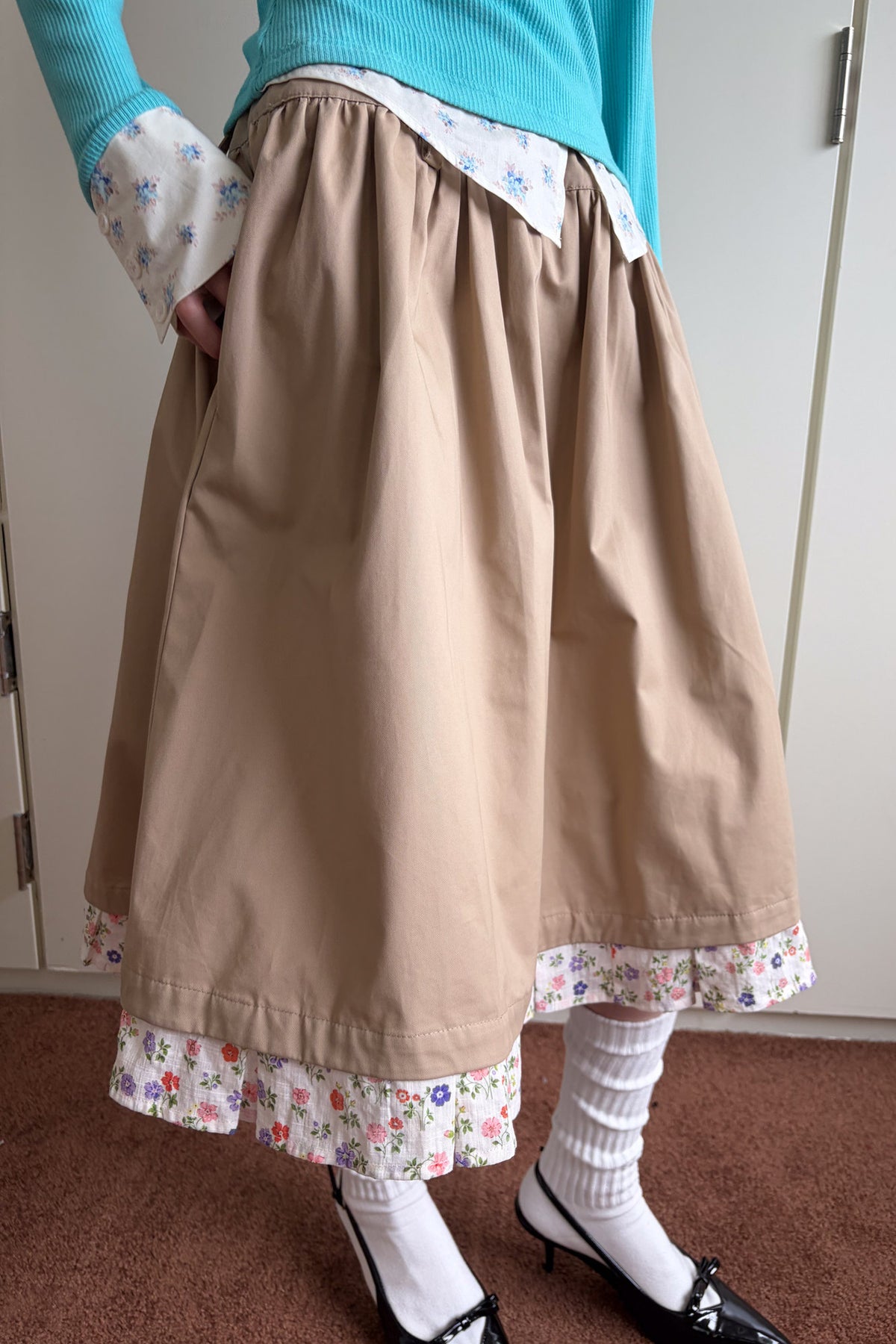 Floral Patchwork Ruched A-Line Skirt