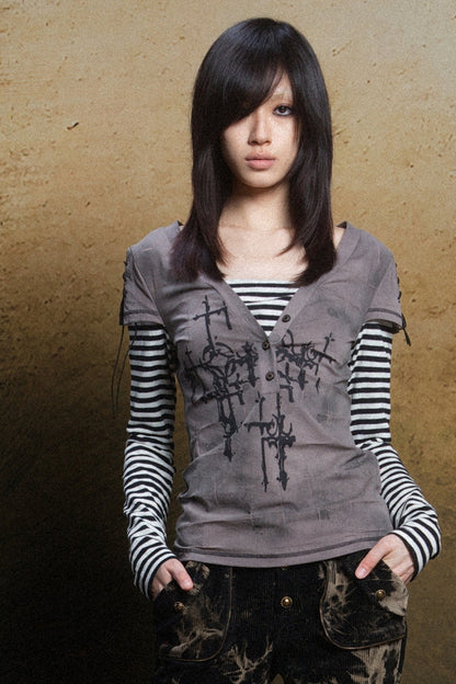 Cross Print Layered-Look V-Neck T-Shirt