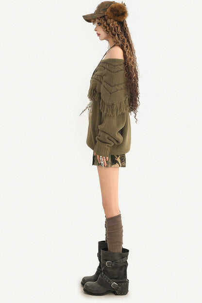 One-Shoulder Tassel Loose Knit Sweater