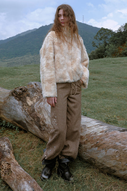 High-Waisted Loose Beaded Patchwork Wool Tweed Pants