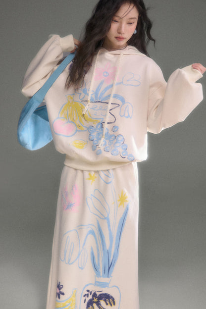 Ear Detail Bird Fruit Print Sweatshirt and Skirt Set-Up
