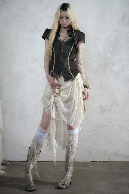 Lace Patchwork Ruched Layered-Look Shirt
