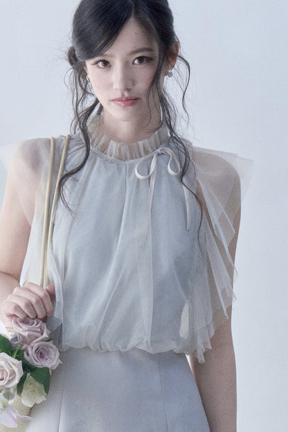 Pleated Mesh Flutter Sleeve Layered-Look Dress