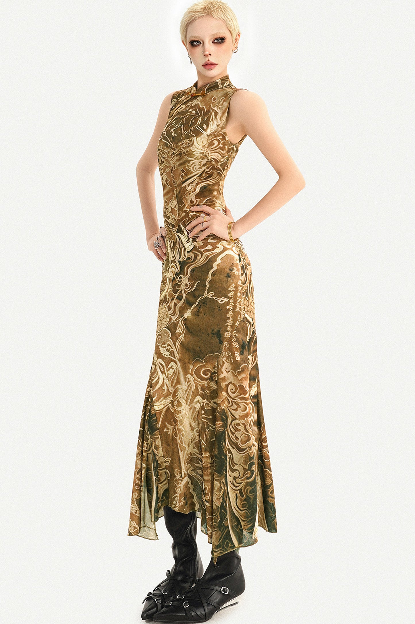 Luxurious Sleeveless Gold Cheongsam Fishtail Dress