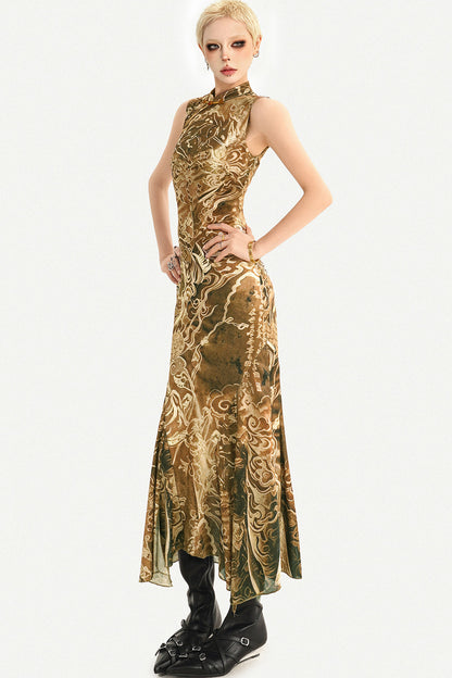 Luxurious Sleeveless Gold Cheongsam Fishtail Dress