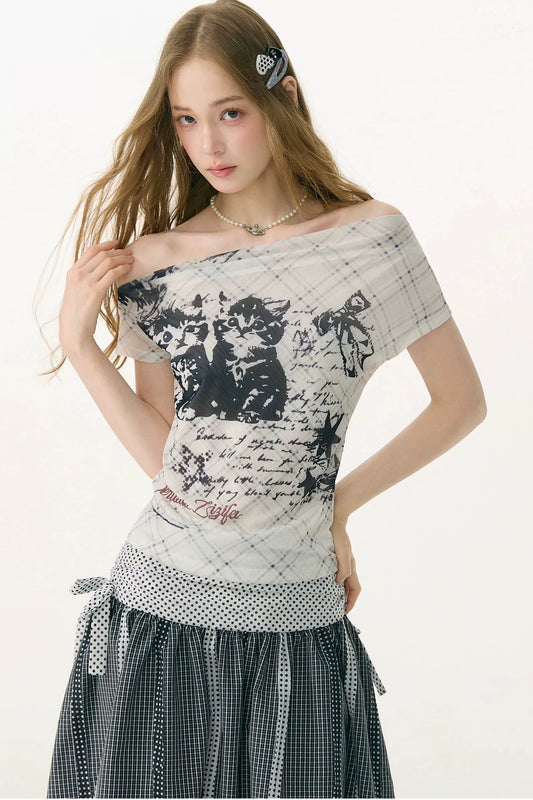 Cat Plaid Mesh Off-Shoulder T-Shirt