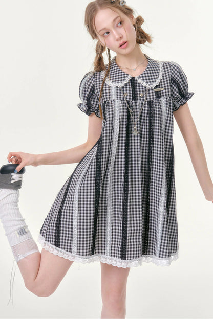 Retro Plaid Lace Puff Sleeve Dress