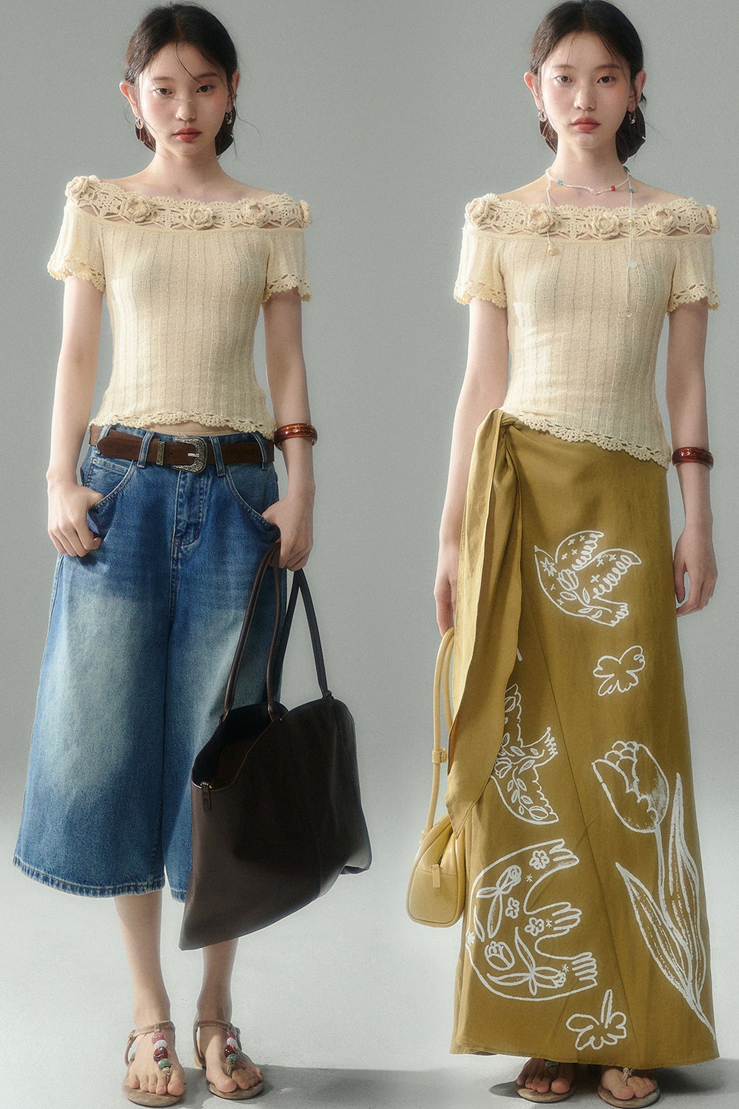 Handmade Crochet Camellia Off-Shoulder Knit Top