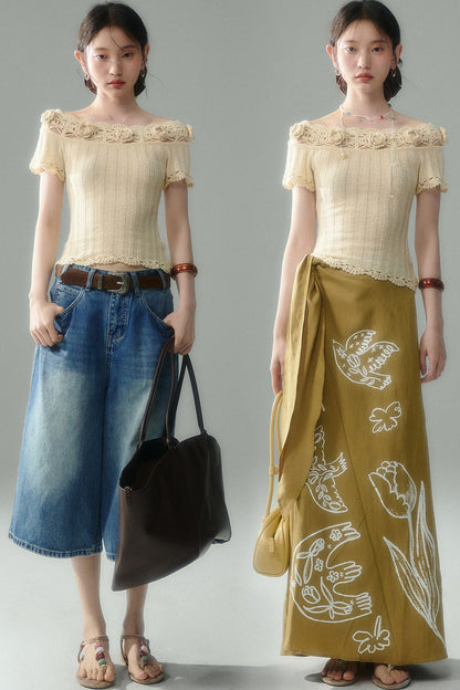 Handmade Crochet Camellia Off-Shoulder Knit Top