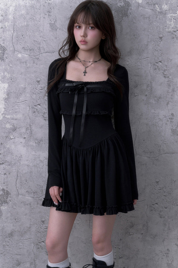 Square Neck Cinched Waist Satin Dress