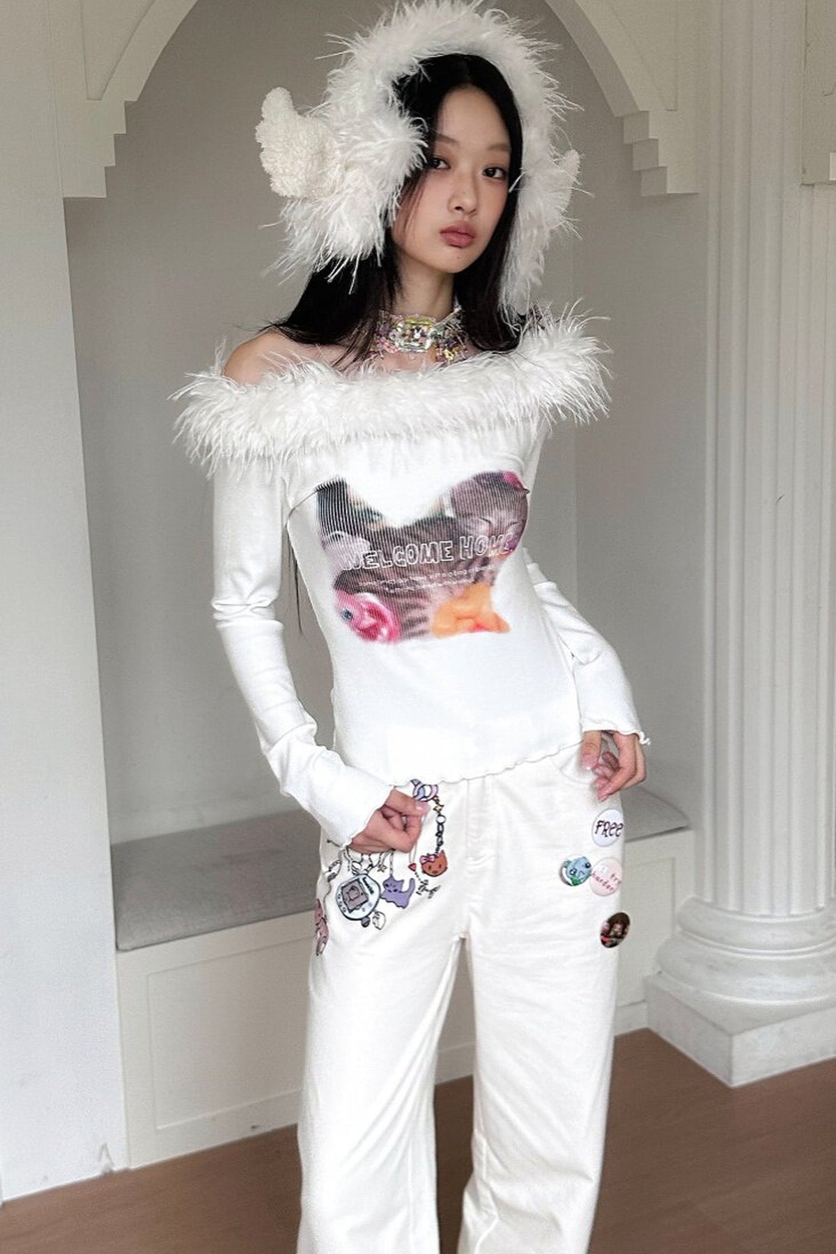 Long Sleeve Cat Print Furry Top