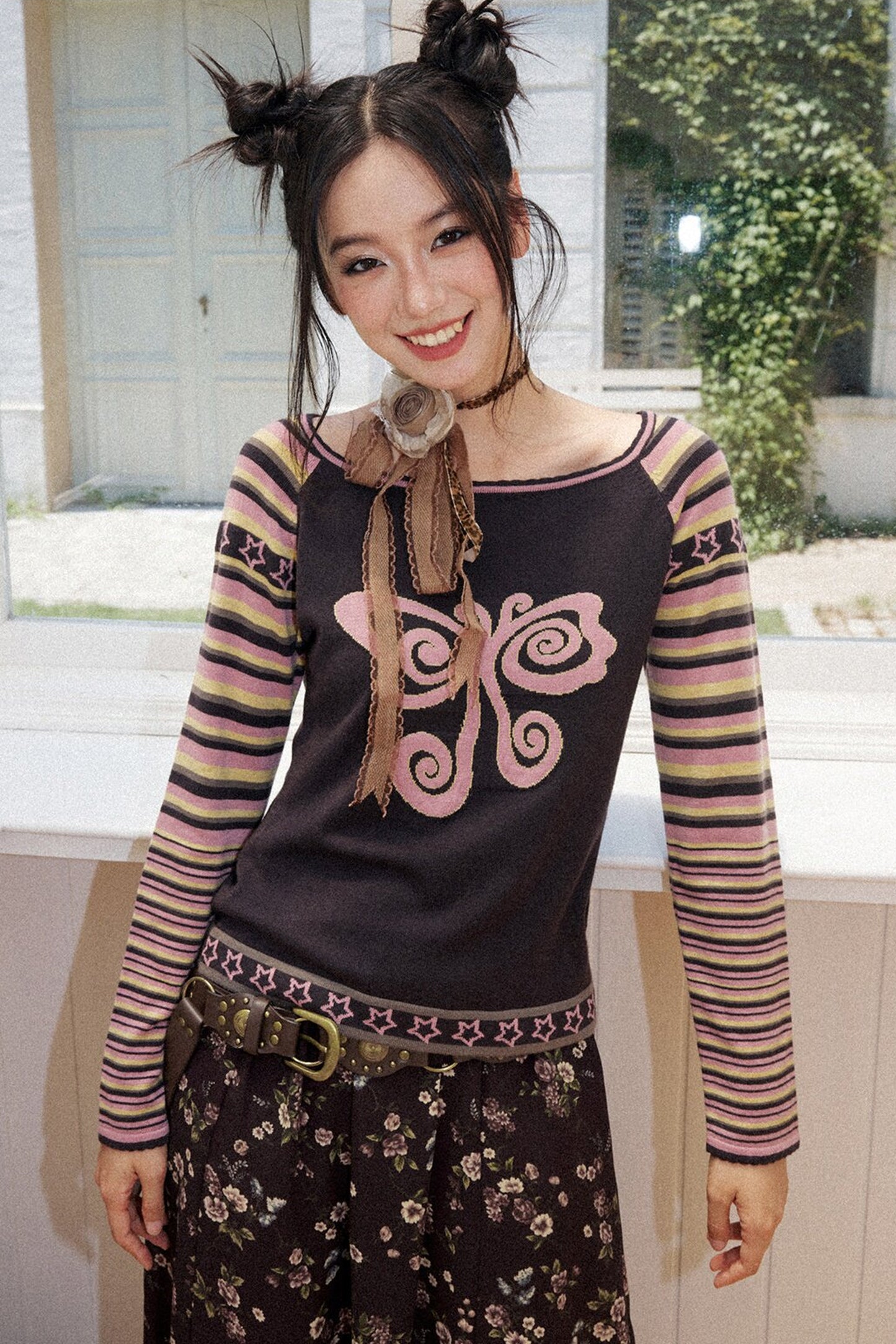 Butterfly Jacquard Striped Sweater