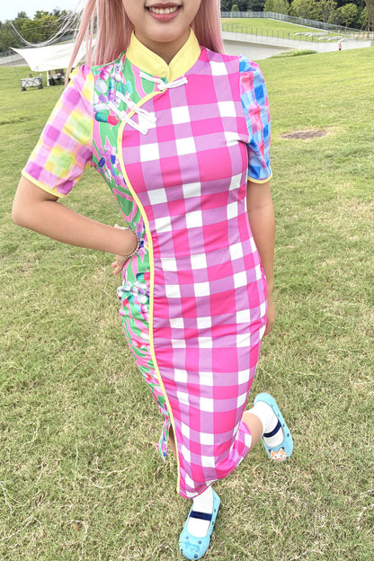 Y2K Patchwork Checkered Cheongsam Dress