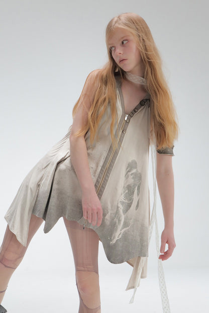 Printed Faux Suede Halter Zipper Backless Dress