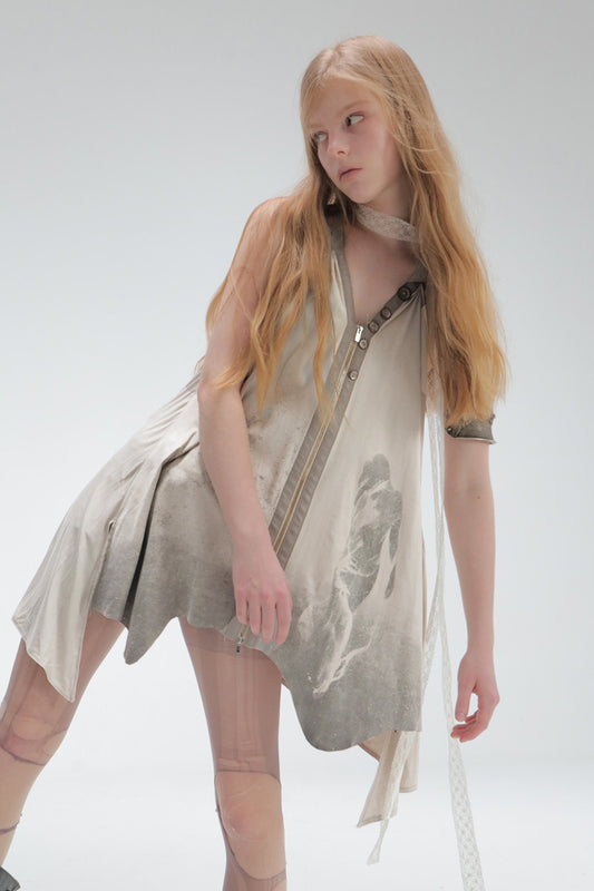 Printed Faux Suede Halter Zipper Backless Dress