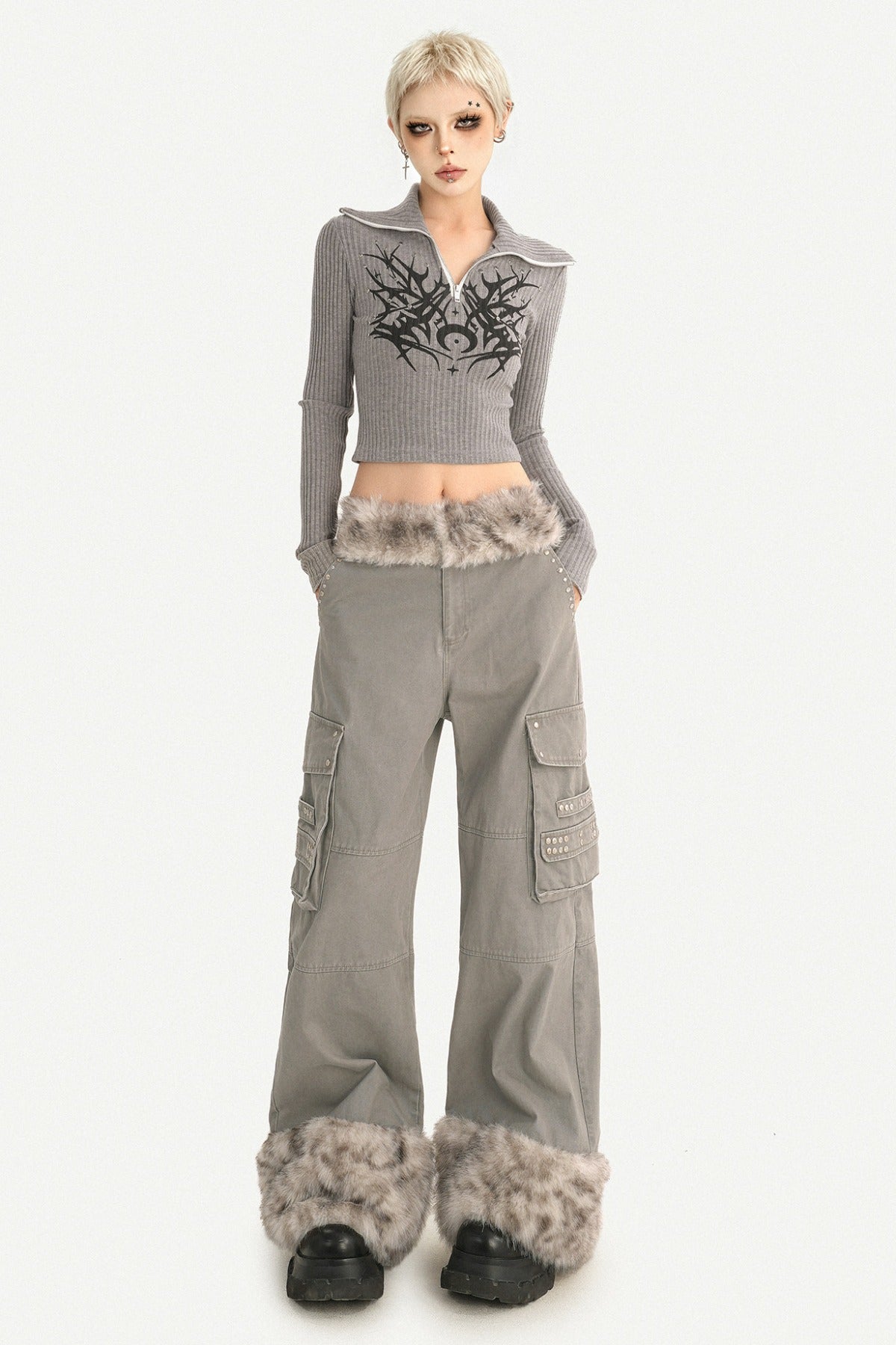 Leopard Plush Patchwork Wide-Leg Straight Workwear Pants