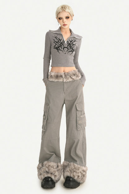 Leopard Plush Patchwork Wide-Leg Straight Workwear Pants