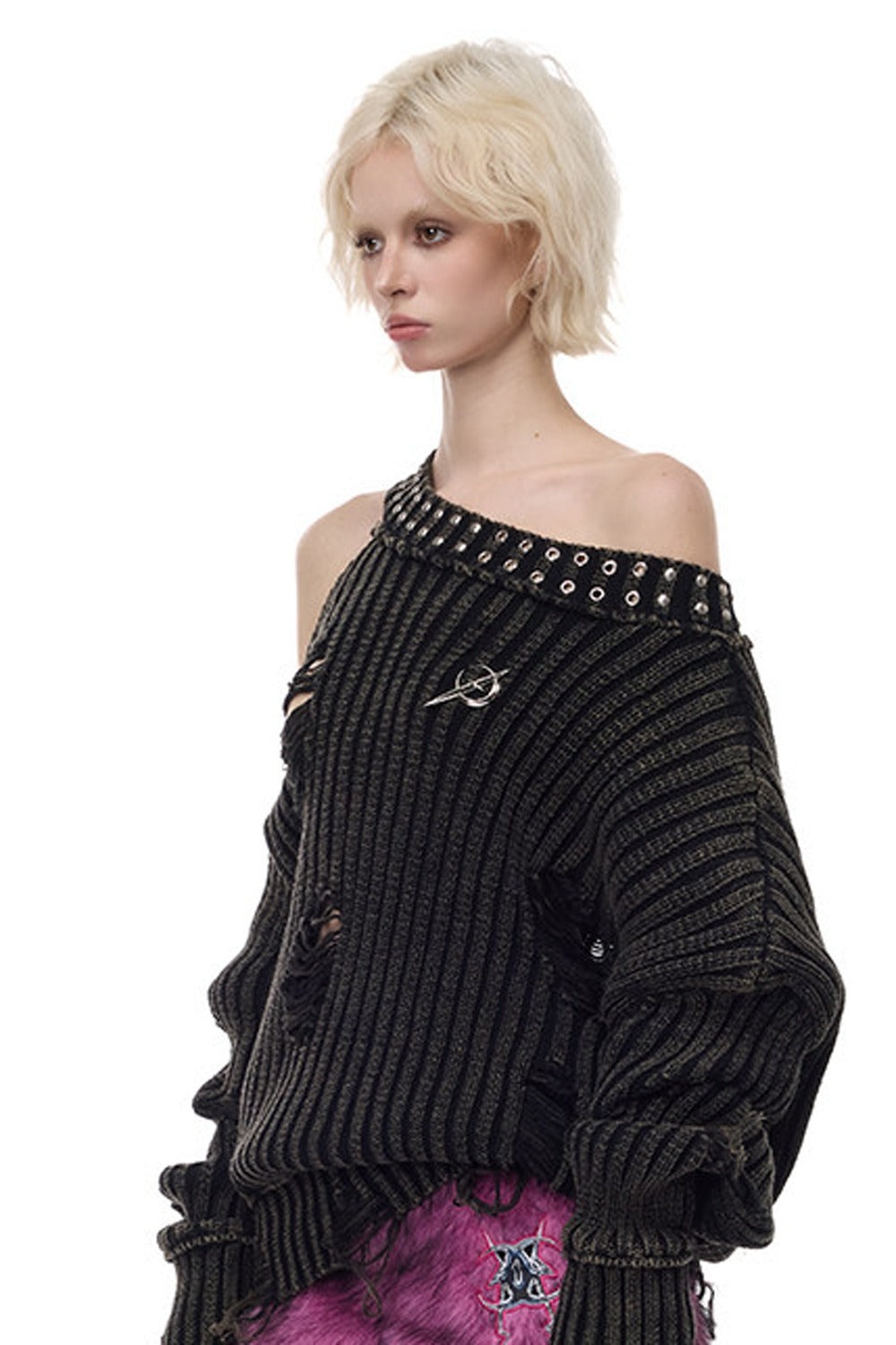 Black Metal Rivet Distressed Sweater