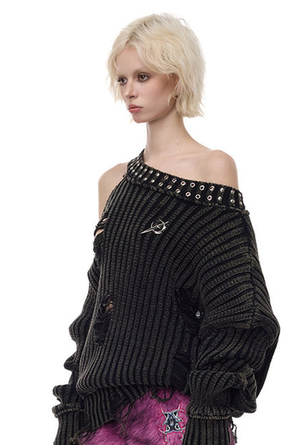 Black Metal Rivet Distressed Sweater