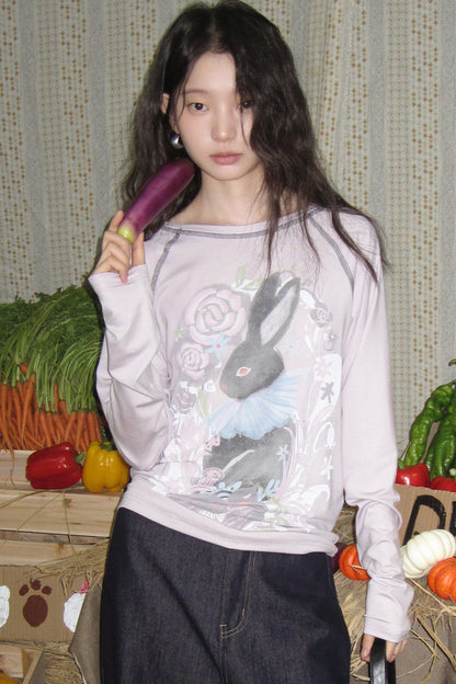 Bunny Print Tencel Long-Sleeved T-Shirt and Pants Set-Up