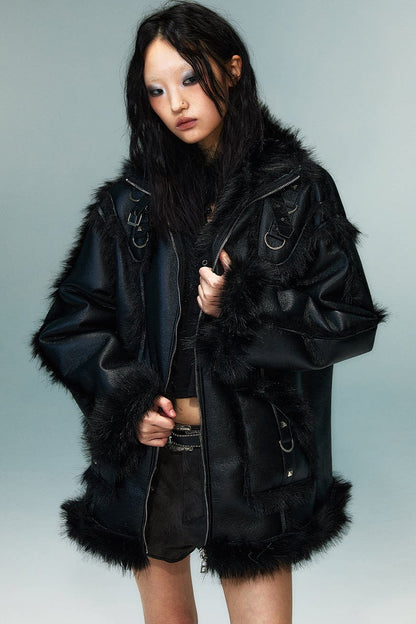Dark Punk Metal Leather Fur Jacket