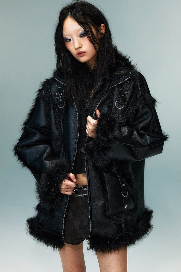 Dark Punk Metal Leather Fur Jacket