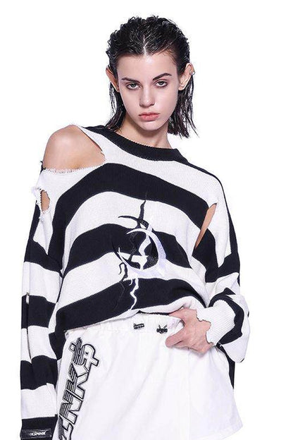Loose Offset Embroidery Distressed Striped Sweater