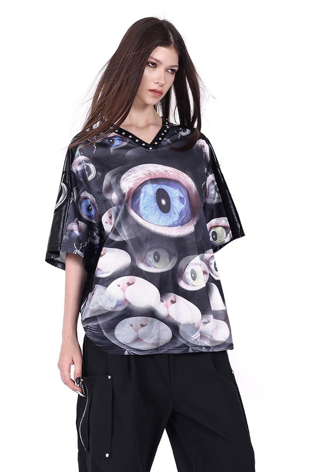 Cat Eye Patchwork Rivet V-Neck T-shirt