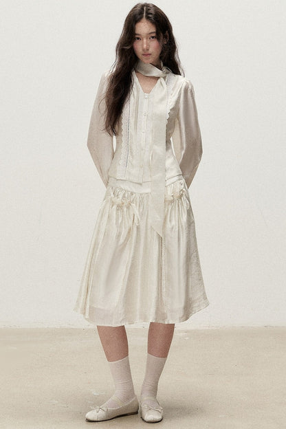 Botanical Lyocell V-Neck Ribbon Blouse And Skirt Set-Up