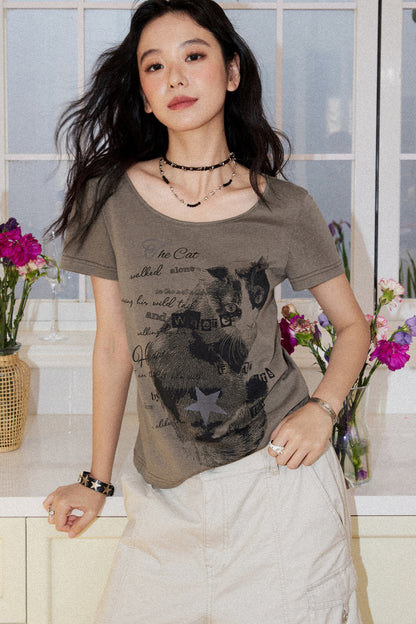 Retro Cat Print T-Shirt