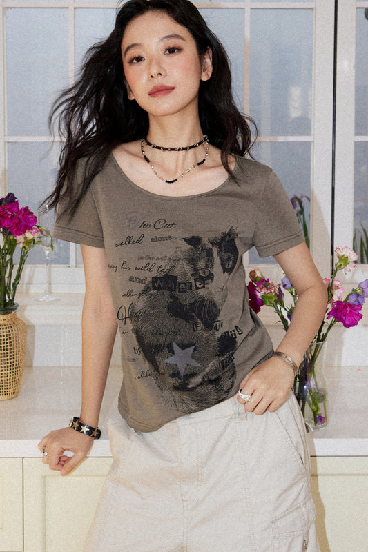 Retro Cat Print T-Shirt