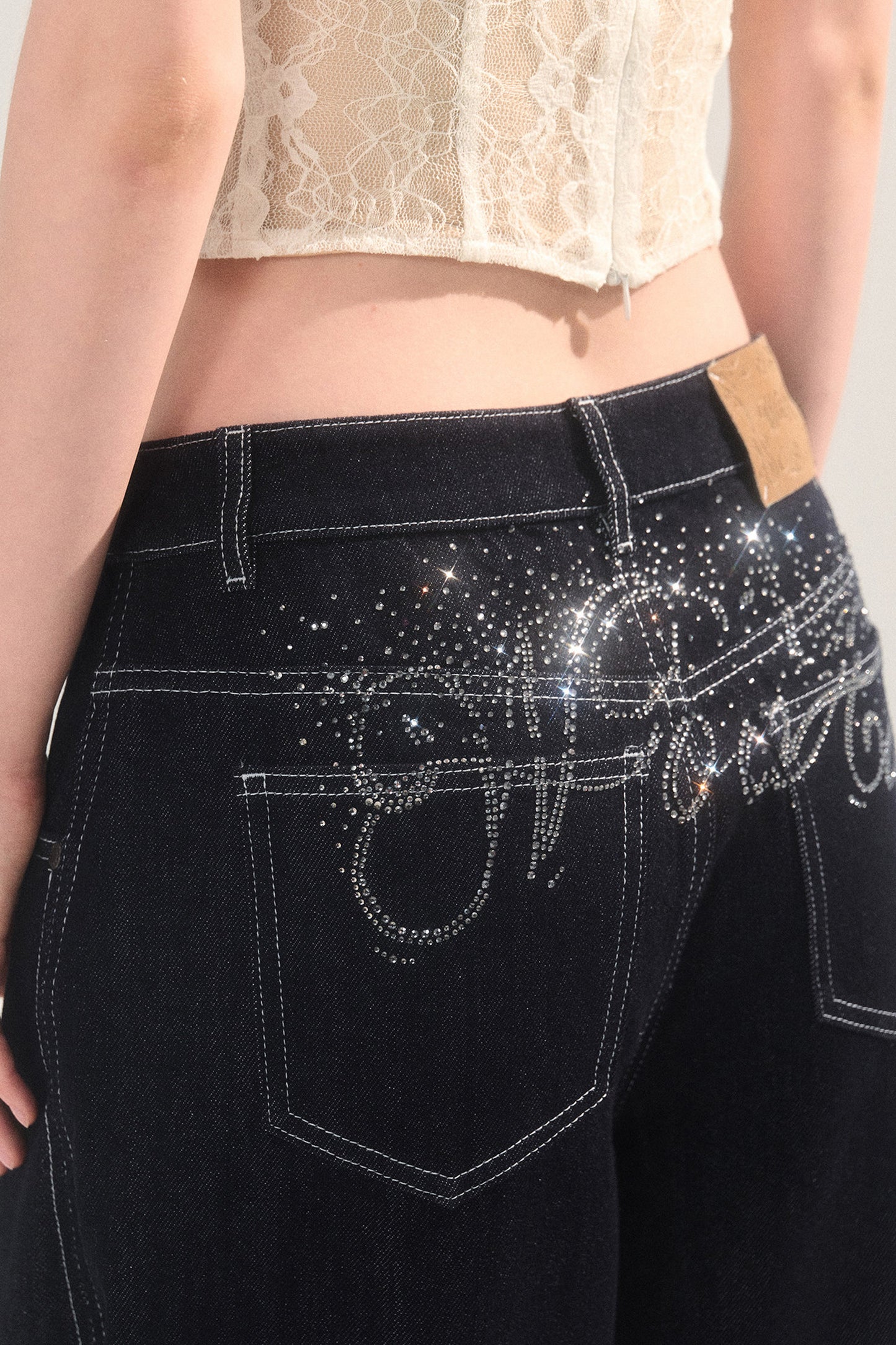 Rhinestone Wide-Leg Denim Pants