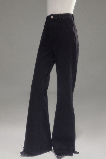 High-Waisted Fleece-Lined Flared Raw Hem Slit Jeans